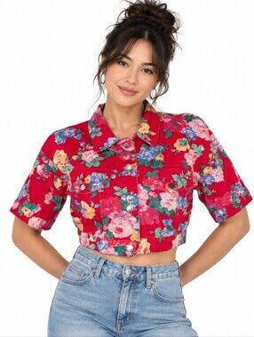 Vintage Paris Blues Floral Denim Jacket Size L Red Cropped 100% Cotton 90s